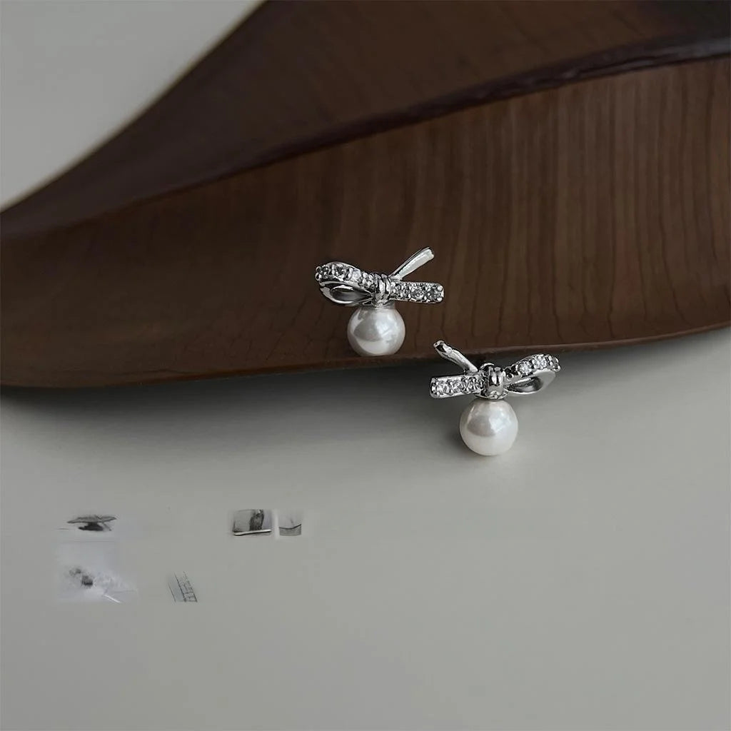 Minimalist Micro Pave Zircon Bow Stud Earrings, Copper Glass Pearl Daily Jewelry