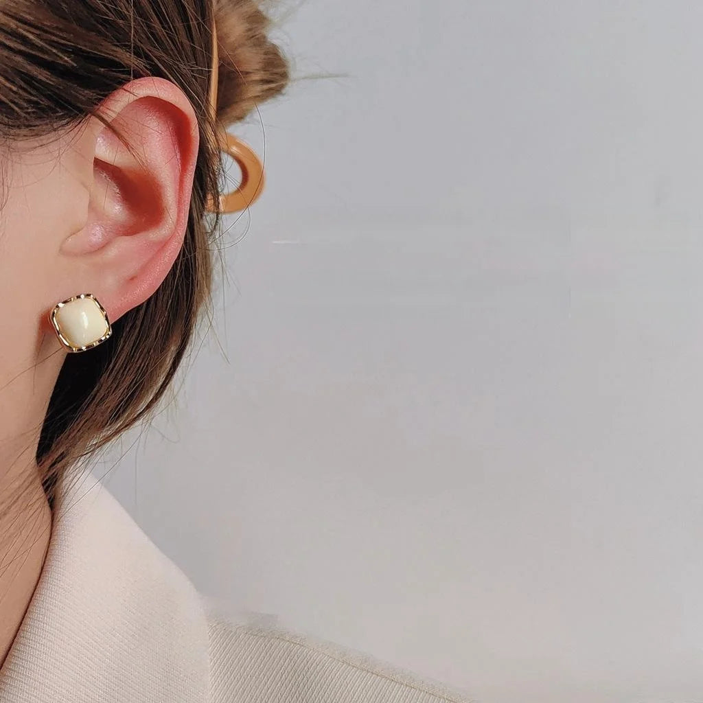 Caramel Milk White 14K Plated Copper Square Stud Earrings For Women Minimalist Sweet Jewelry