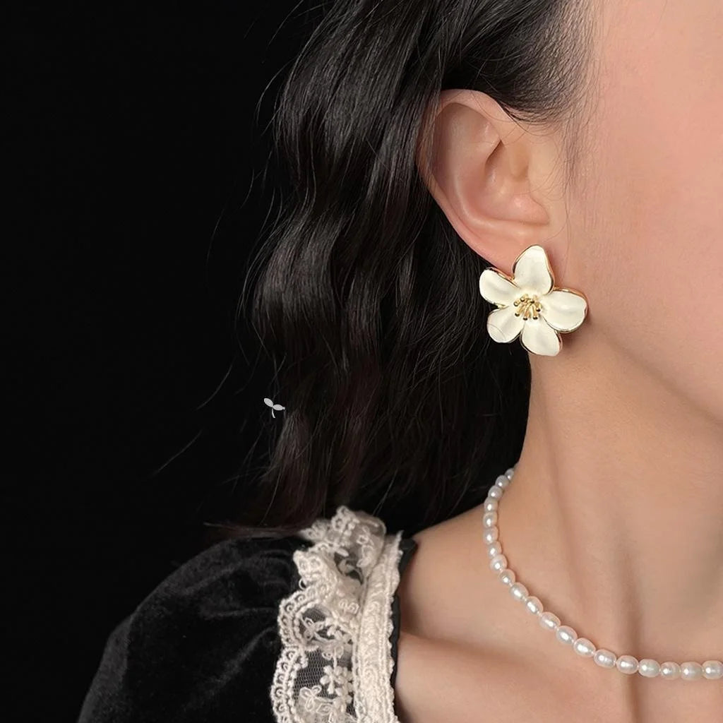 Summer Elegant Oversized White Enamel Flower Drop Earrings Sweet Forest Style Eco Copper Jewelry