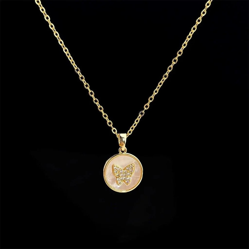 18K Gold Plated Shell Butterfly Zircon Pendant Necklace Light Luxury Collarbone Chain