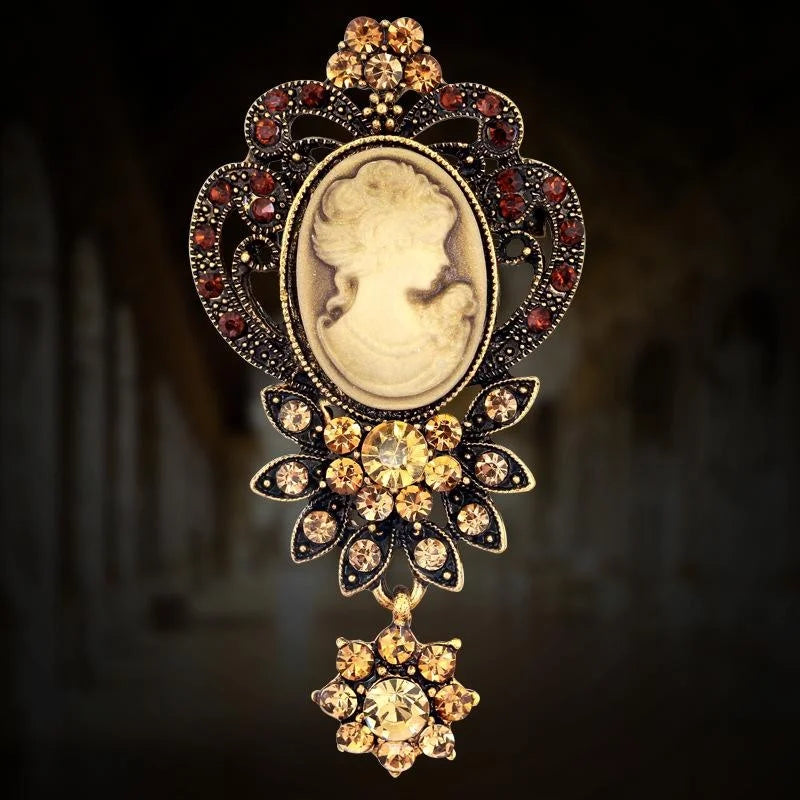 Vintage Beauty Cameo Portrait Alloy Rhinestone Hollow Brooch, Elegant Women's Lapel Pin Suit Accessory