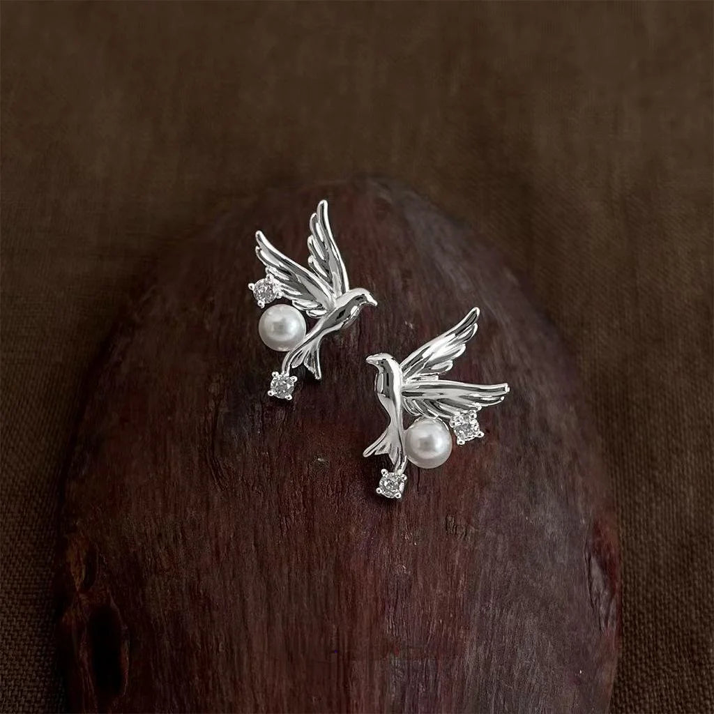Original Bird Zircon Eco Copper Stud Earrings New Chinese Style Silver Plated Pin Jewelry