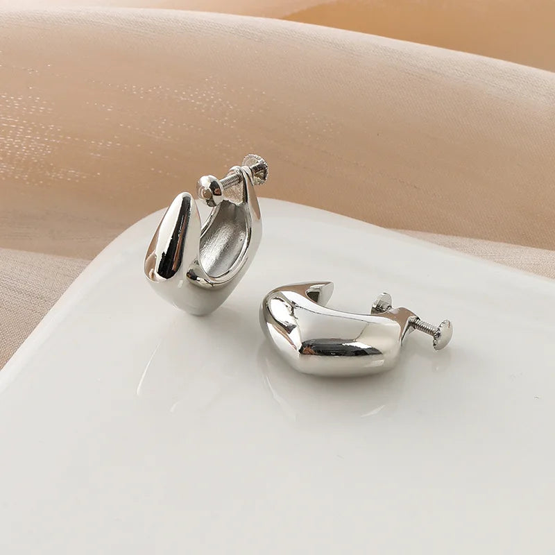 Minimalist Smooth Silver Alloy Geometric Hoop Ear Cuffs, Elegant Stud & Clip On No Piercing Earrings