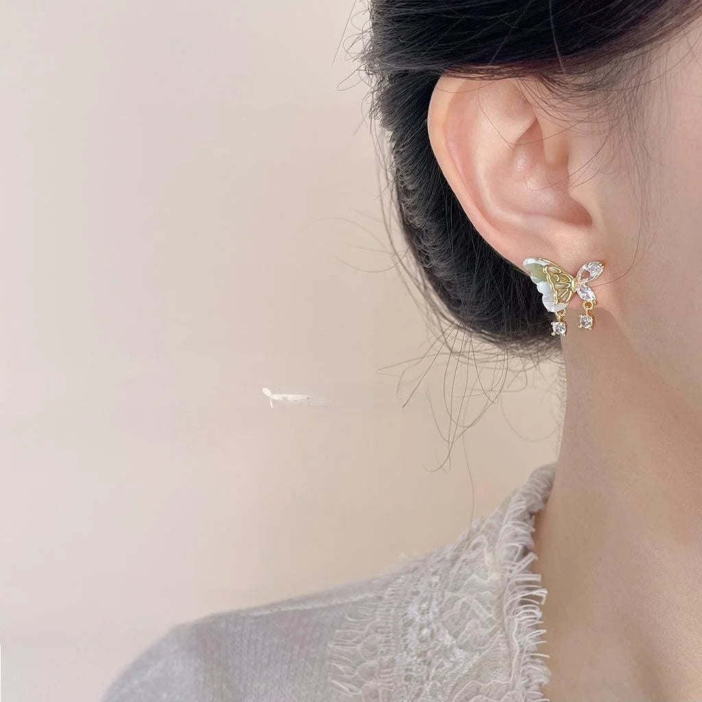 14K Plated Copper Resin Micro Pave Zircon 3D Butterfly Drop Earrings Sweet Elegant Style