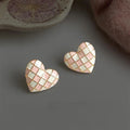 Sweet Korean Style Copper Heart Plaid Stud Earrings With Silver Plated Pins And 14K Enamel Finish