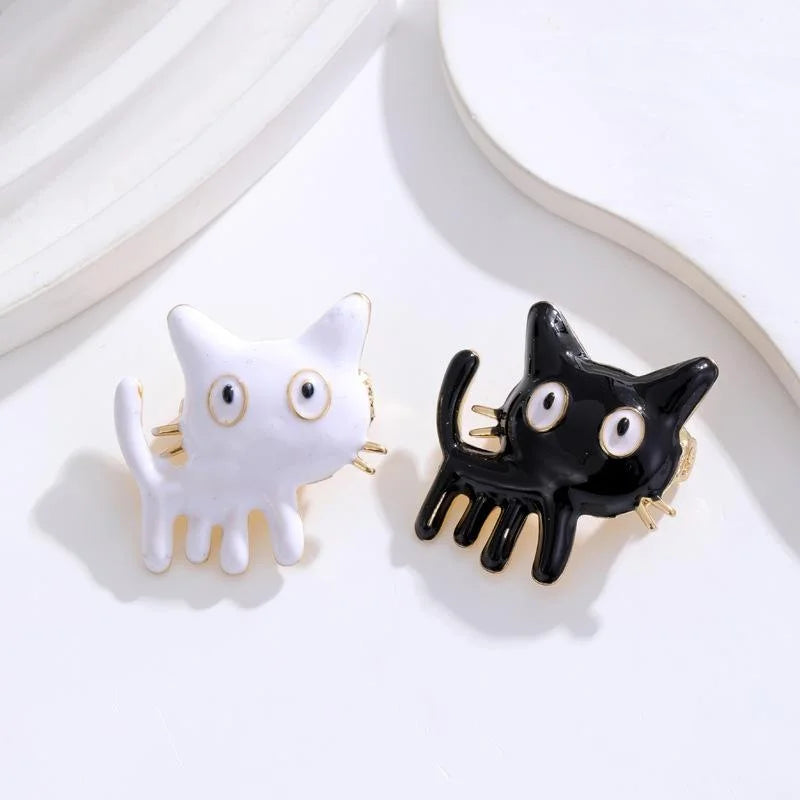 Cute Black Enamel Cartoon Cat Brooch With Gold Tone Alloy Whiskers, Fashion Lapel Pin Corsage Gift