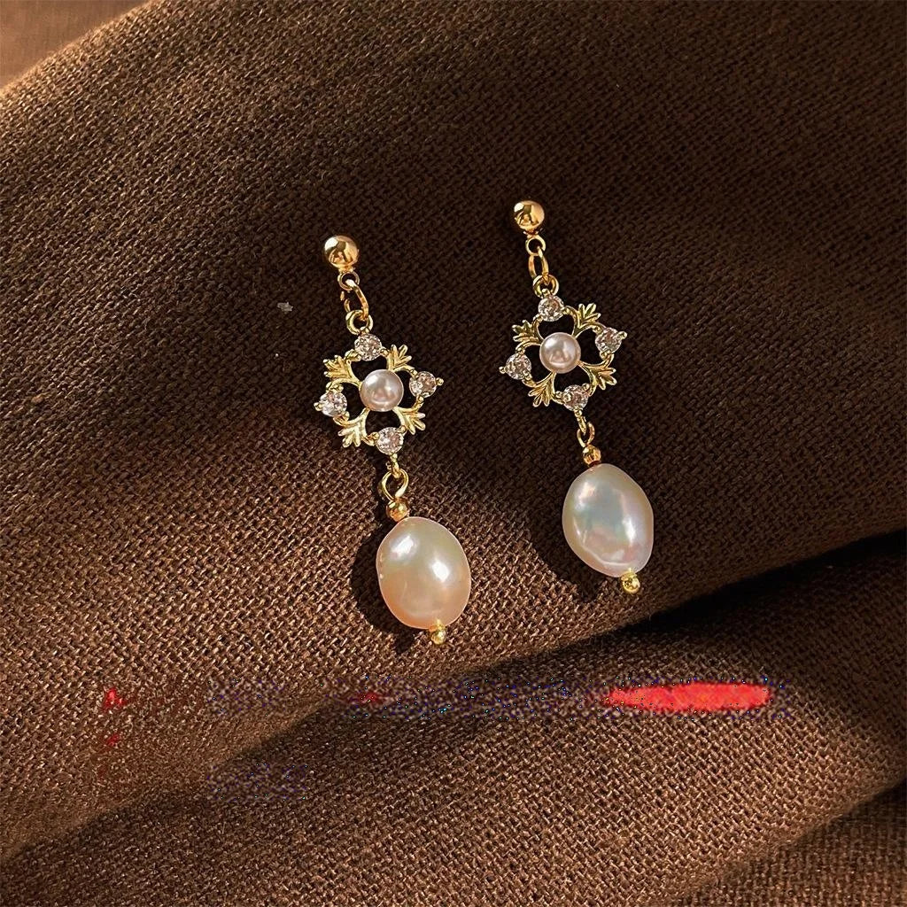 Vintage Geometric Baroque Freshwater Pearl Stud Earrings 14K Plated Copper Micro Pave Zircon