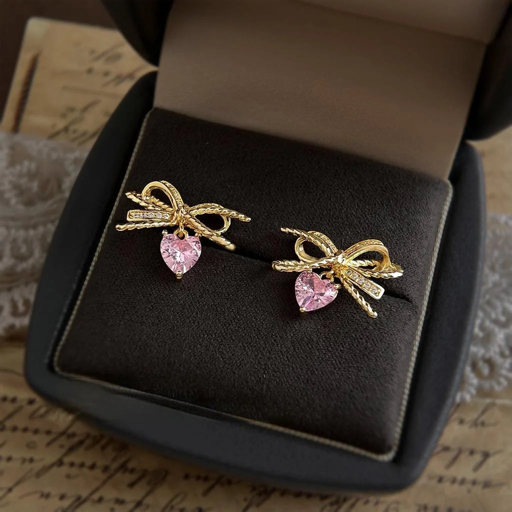 Sweet Pink Bow Heart Drop Earrings Copper Micro Pave Zircon Fresh Geometric Jewelry