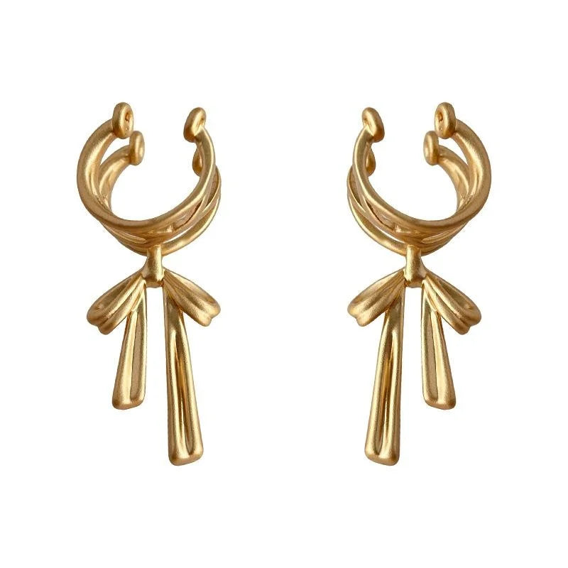Designer Copper Bow Clip On Drop Earrings, No Piercing Style Ear Cuff Jewelry For Women