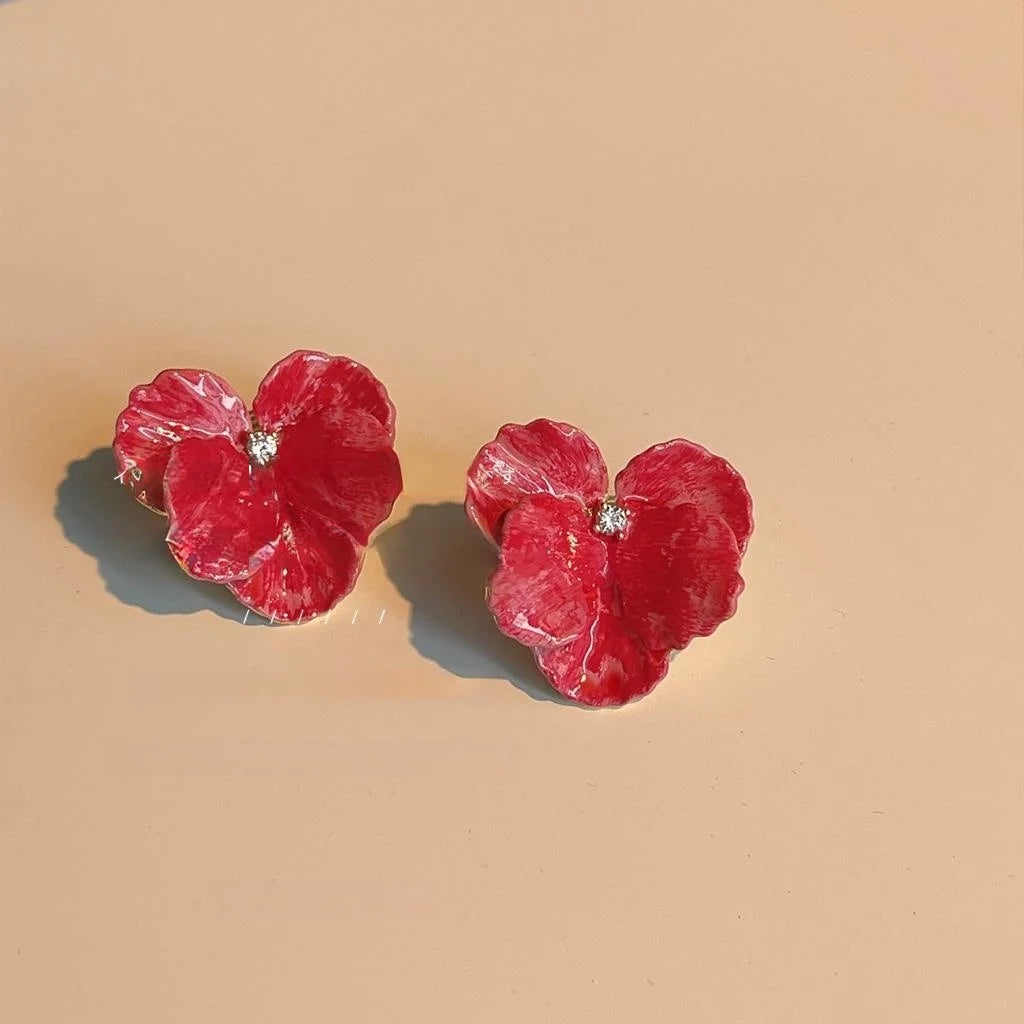 Clip On Copper Flower Drop Earrings Handmade Enamel Korean Japanese Statement Jewelry
