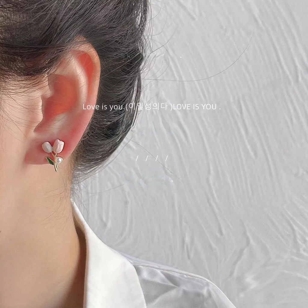 Sweet Pink Enamel Tulip Flower Copper Stud Earrings, Two Tone Elegant Cute Daily Jewelry
