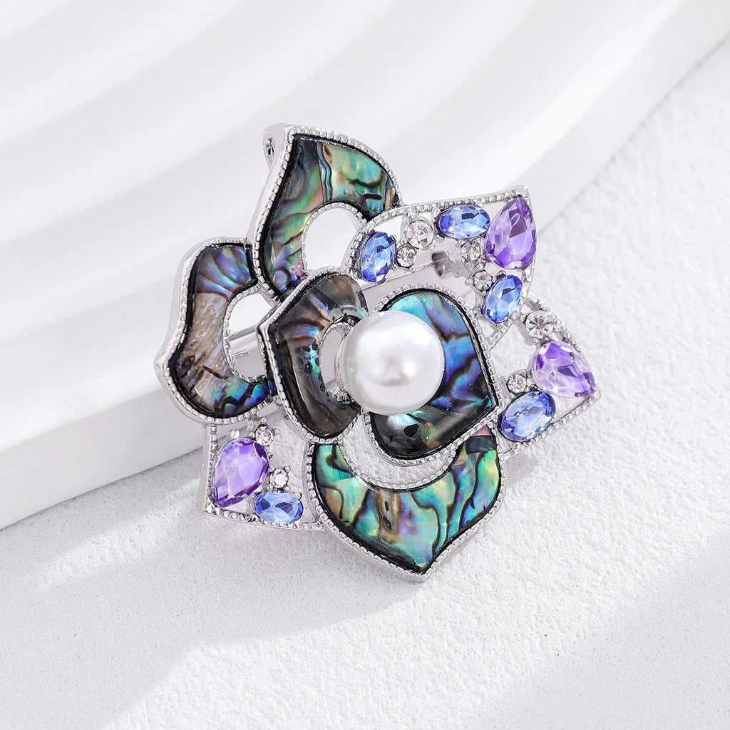 Elegant Camellia Flower Brooch With Mother Of Pearl Petals, Rhinestone Accents And Pearl Lapel Pin Gift