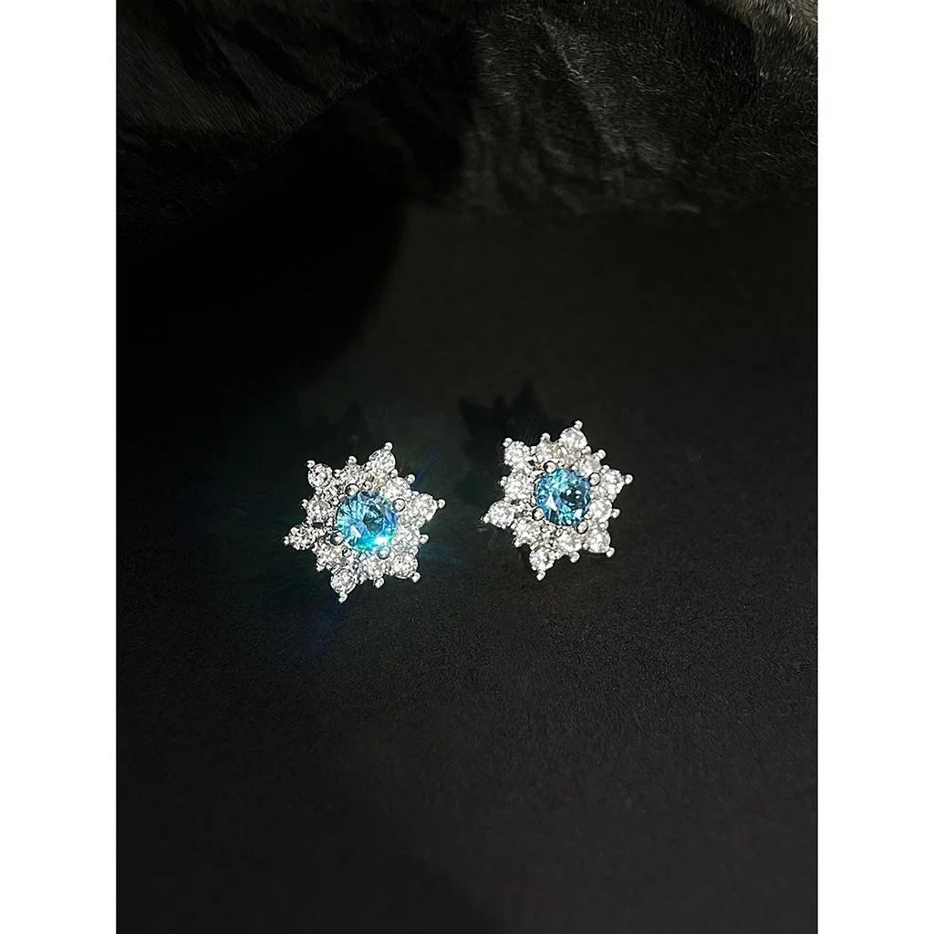 Light Luxury Blue Zircon Snowflake Star Stud Earrings Silver Plated Christmas Jewelry