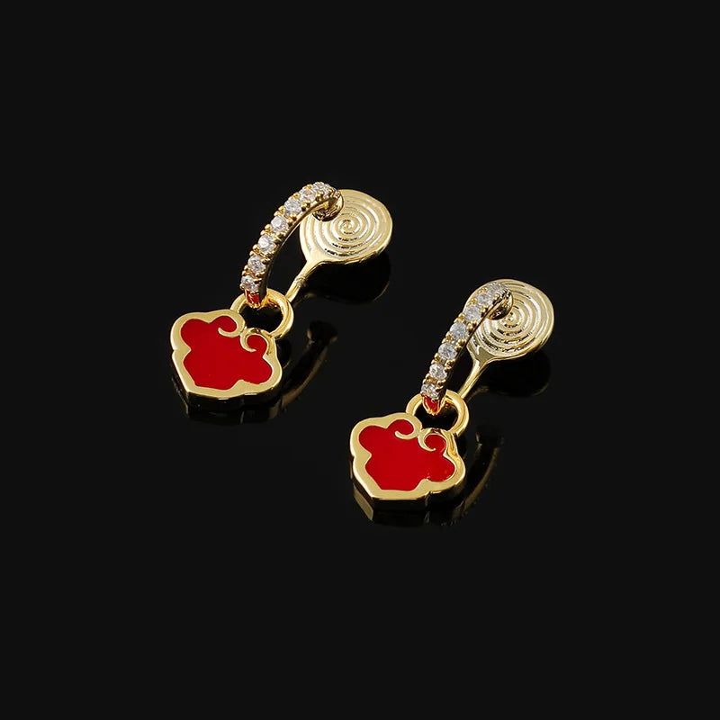 Elegant Red Enamel Cloud Lock Rhinestone Hoop Stud & Clip On No Piercing Chinese Style Earrings