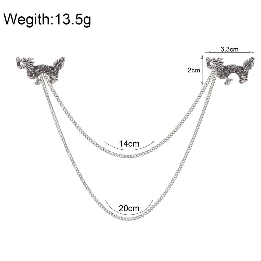 Vintage Rhinestone Dragon Collar Chain Brooch, Silver Alloy Animal Lapel Pin For Shirt Suit Accessory