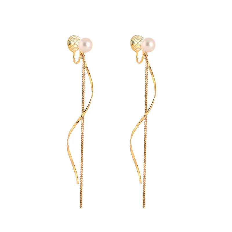 Elegant Natural Pearl Swirl Tassel Chain Stud & Clip On No Piercing Gold Tone Alloy Long Drop Earrings