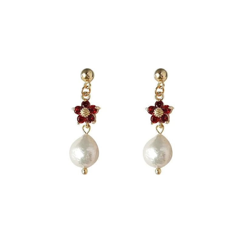 French Vintage Baroque Freshwater Pearl Flower Zircon Stud Earrings For Women