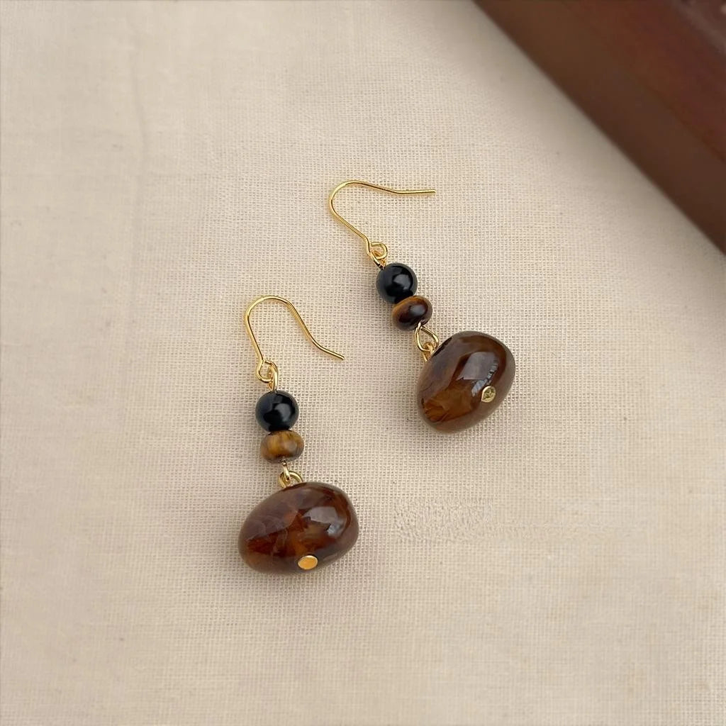 Vintage Chinese Style Dark Brown Tiger Eye Stone Geometric Round Oval Handmade Drop Earrings