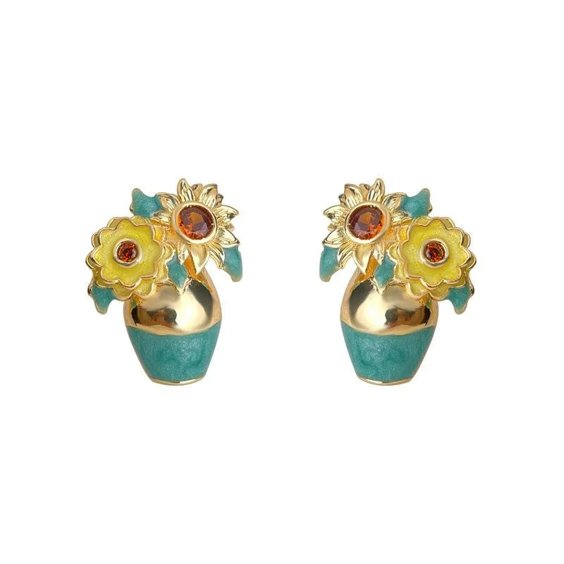 Luxury Designer Sunflower Enamel Stud Earrings 14K Plated Copper Micro Pave Zircon Jewelry