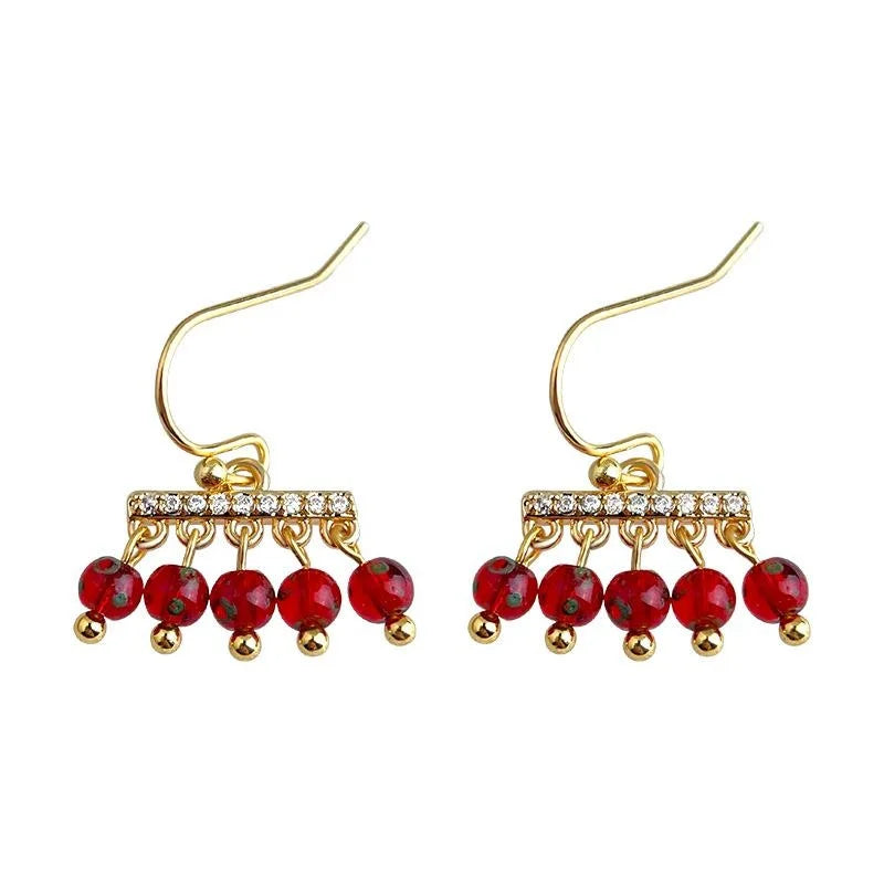 Vintage Ethnic Tassel Drop Earrings With Micro Pave Zircon And Liuli Glass Charms