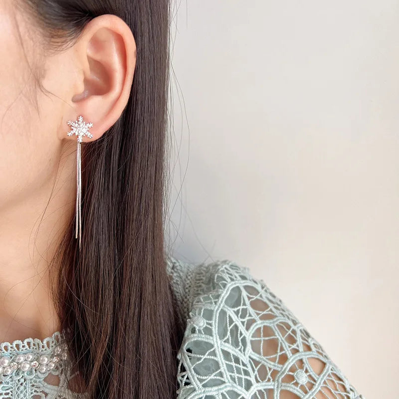 Elegant Rhinestone Snowflake Long Tassel Stud & Clip On No Piercing Face Slimming Drop Earrings