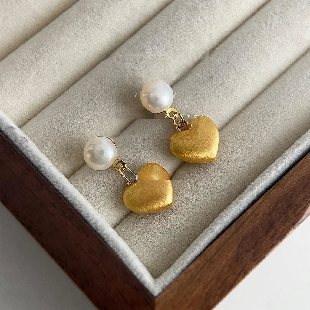 Mini Heart Freshwater Pearl Drop Earrings Brushed Matte Copper Light Luxury Ear Jewelry