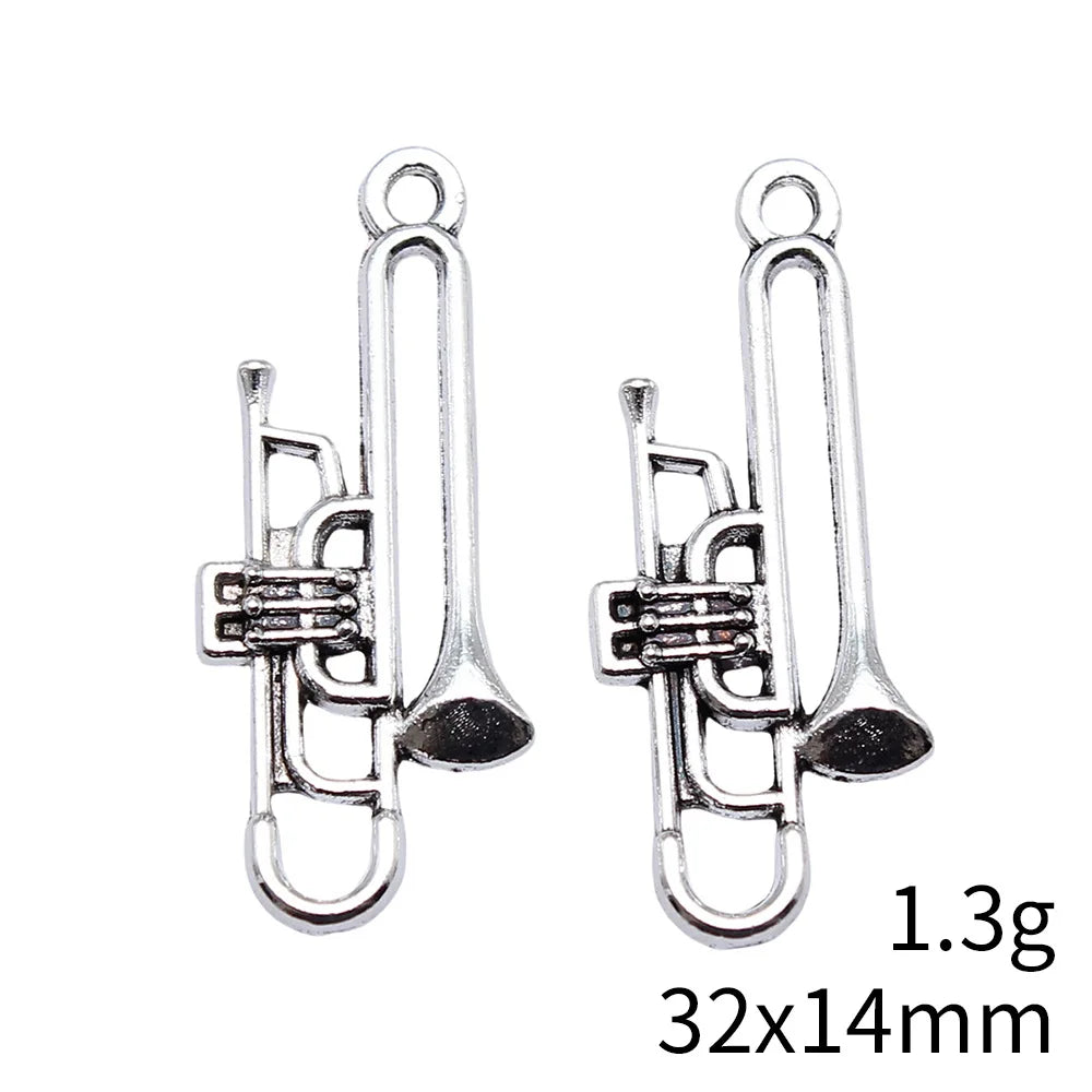 32x14mm 1.3g Antique Silver Zinc Alloy Trumpet Charm Pendant for Music Theme DIY Jewelry Making