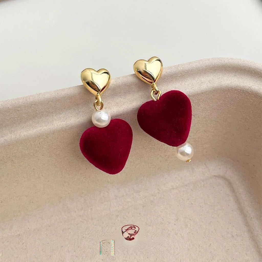 Burgundy Flocked Heart Asymmetric 14K Gold Plated Copper Drop Earrings