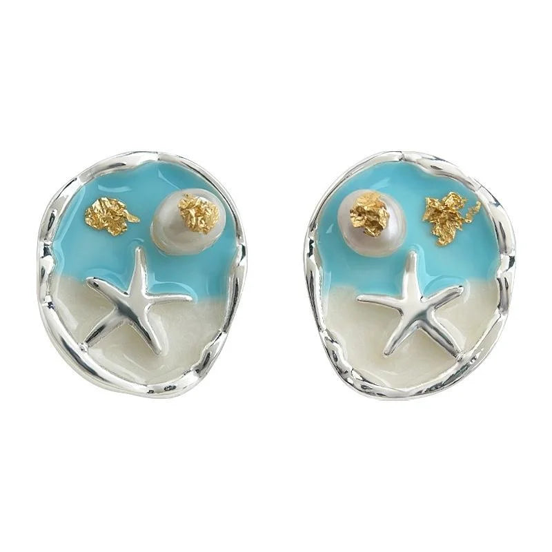 Sweet Freshwater Pearl Enamel Starfish Drop Earrings Silver Plated Beach Vacation Jewelry