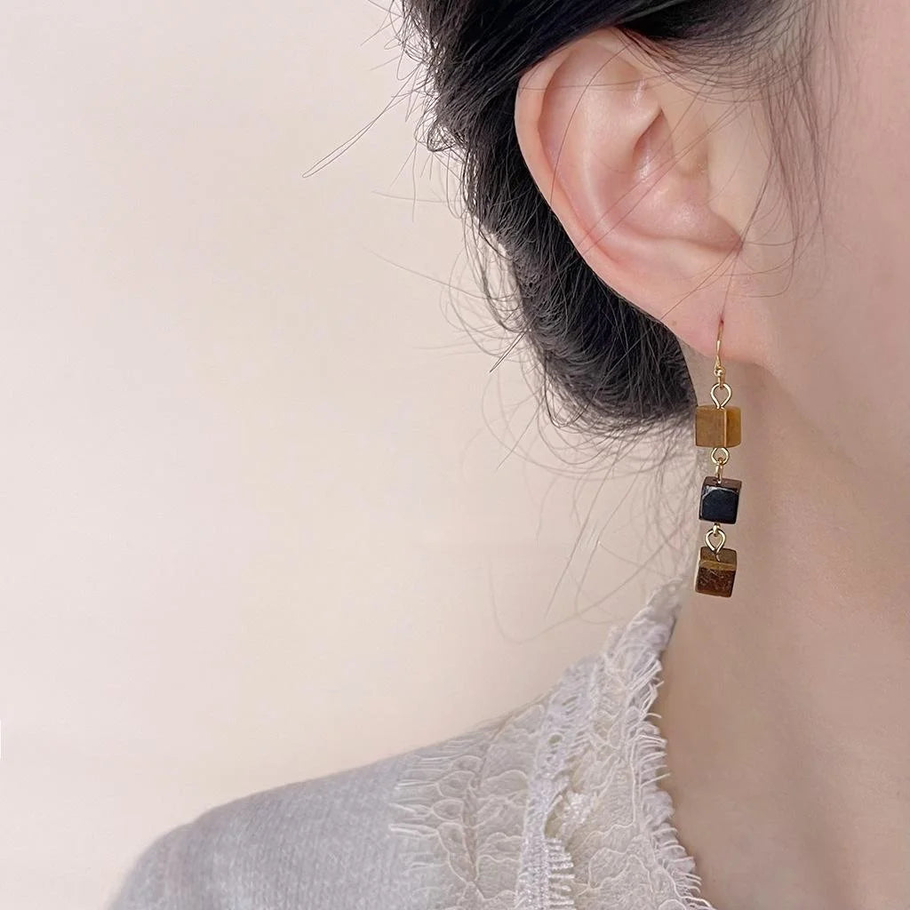 Handmade Vintage Tiger Eye Stone Irregular Geometric Square Tassel Drop Earrings