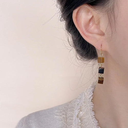 Handmade Vintage Tiger Eye Stone Irregular Geometric Square Tassel Drop Earrings