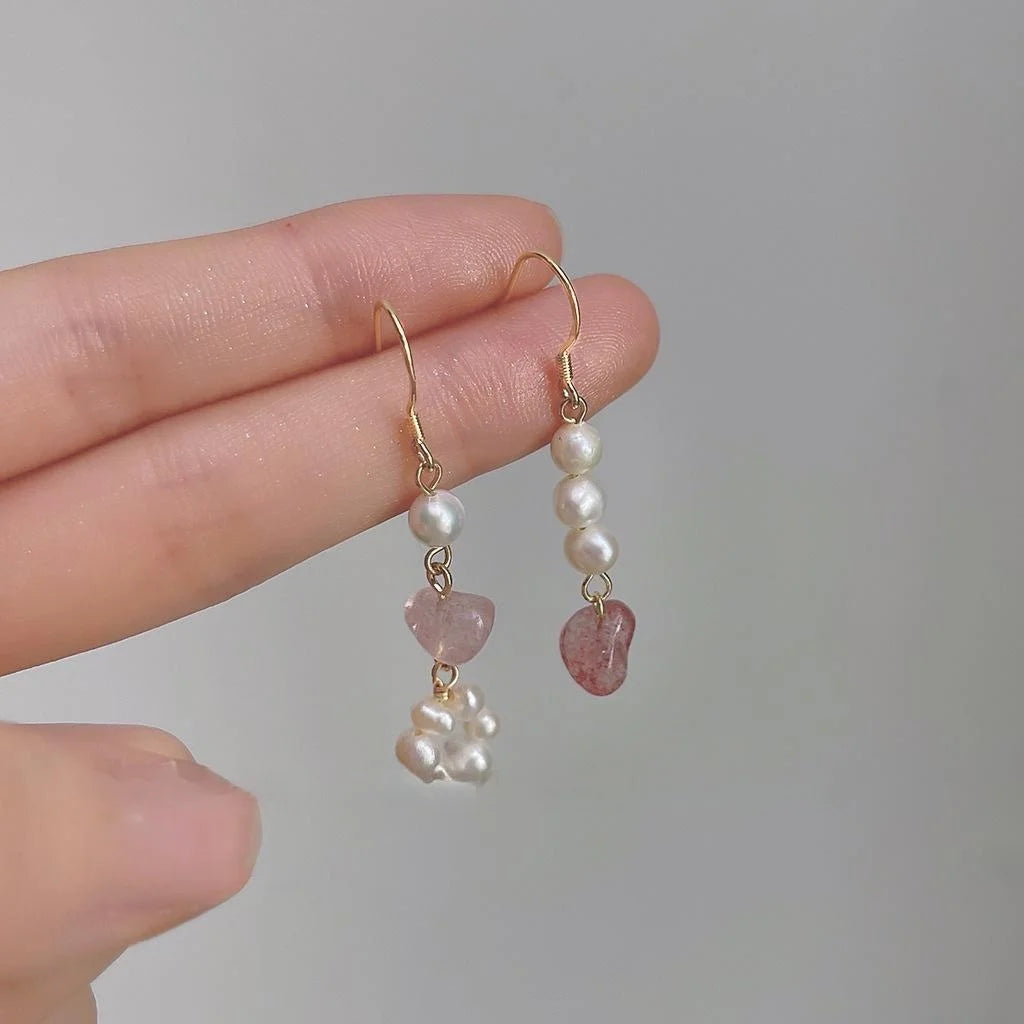 Handmade Freshwater Pearl Strawberry Quartz Geometric Asymmetric Pastoral Drop Earrings