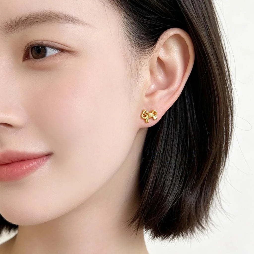 Matte Gold Eco-Friendly Copper Bow Stud Earrings, Minimalist Versatile Women's Jewelry