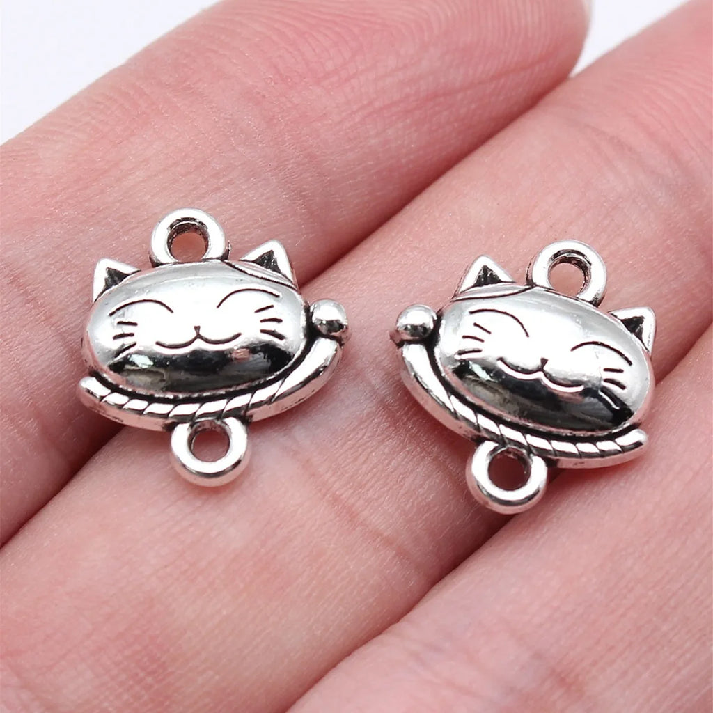 15x15.4x5.4mm 2.7g Antique Silver Zinc Alloy Lucky Cat Head Connector Charm for DIY Bracelet Jewelry
