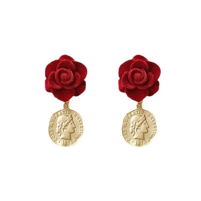 French Vintage Flocked Resin Rose Stud Earrings With 14K Silver Plated Pins Elegant Floral Jewelry