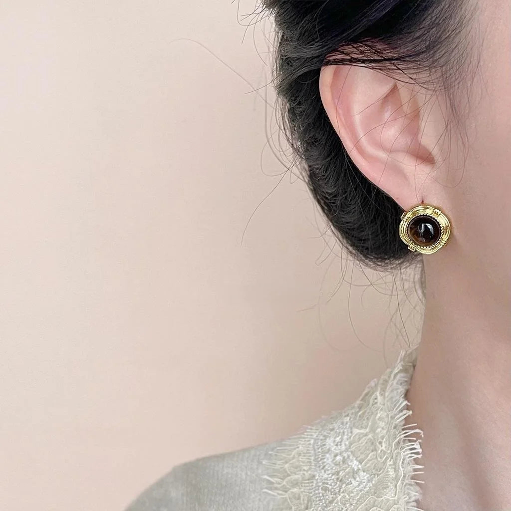 14K Gold Plated Copper Tiger Eye Stone Geometric Round Stud Earrings French Luxury Style