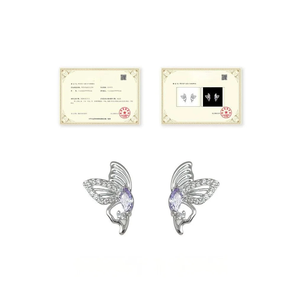 Purple Butterfly Micro Pave Zircon Copper Stud Earrings Elegant Minimalist Style