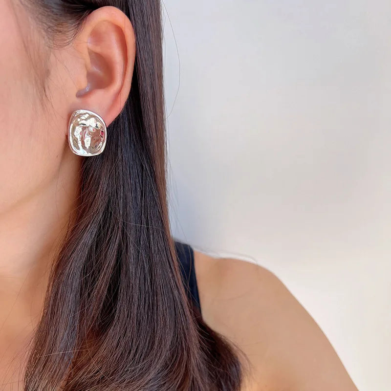 Luxury Hammered Silver Tone Irregular Concave Alloy Geometric Stud & Clip On No Piercing Earrings