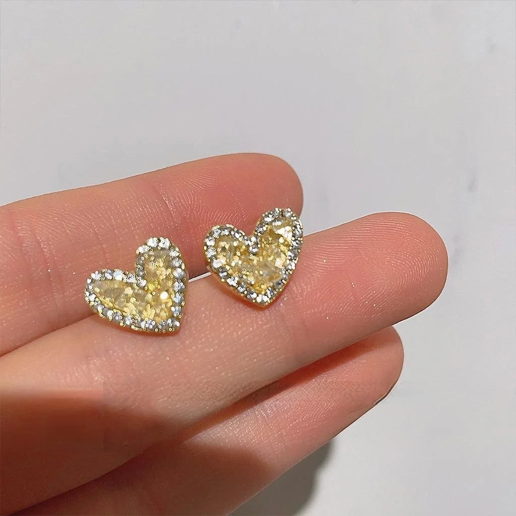 Sweet Mini Heart Stud Earrings With Handmade Sunset Orange Glass Crystal Inlay