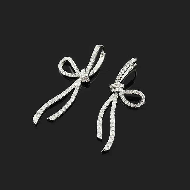 Luxury Rhinestone Bow Drop Stud & Clip On No Piercing Earrings For Women Elegant Alloy Ribbon Earrings