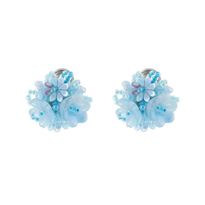 Handmade Blue Beaded Flower Crystal Stud & Clip On No Piercing Elegant Vacation Style Earrings