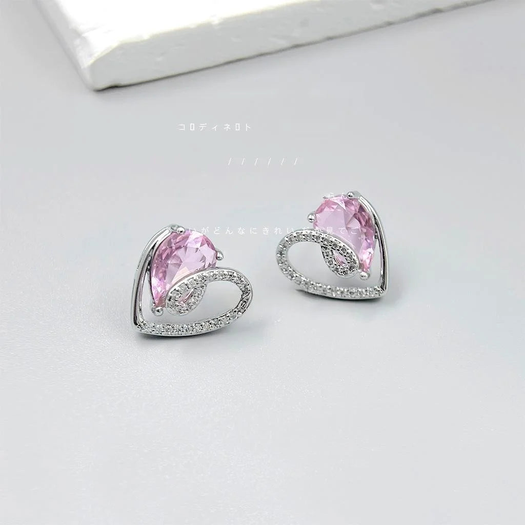 Original Design Copper Micro Pave Zircon Pink Heart Stud Earrings Hollow Line Sweet Everyday Jewelry