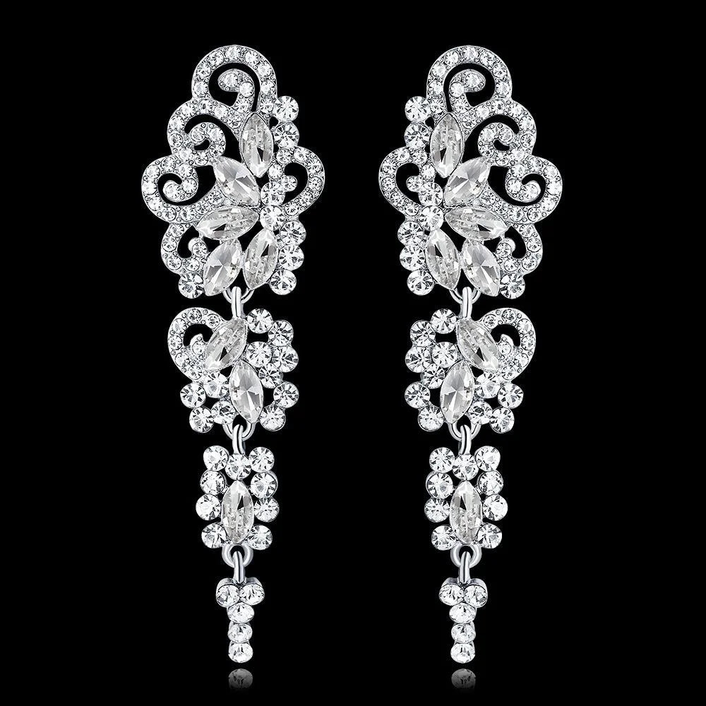 Luxury Hollow Scroll Alloy Rhinestone Long Drop Earrings For Bridal Wedding Party Banquet Jewelry