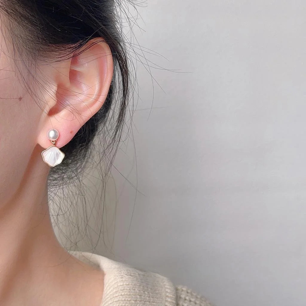 Freshwater Pearl Shell Geometric Stud Earrings French Vintage 14K Plated Jewelry