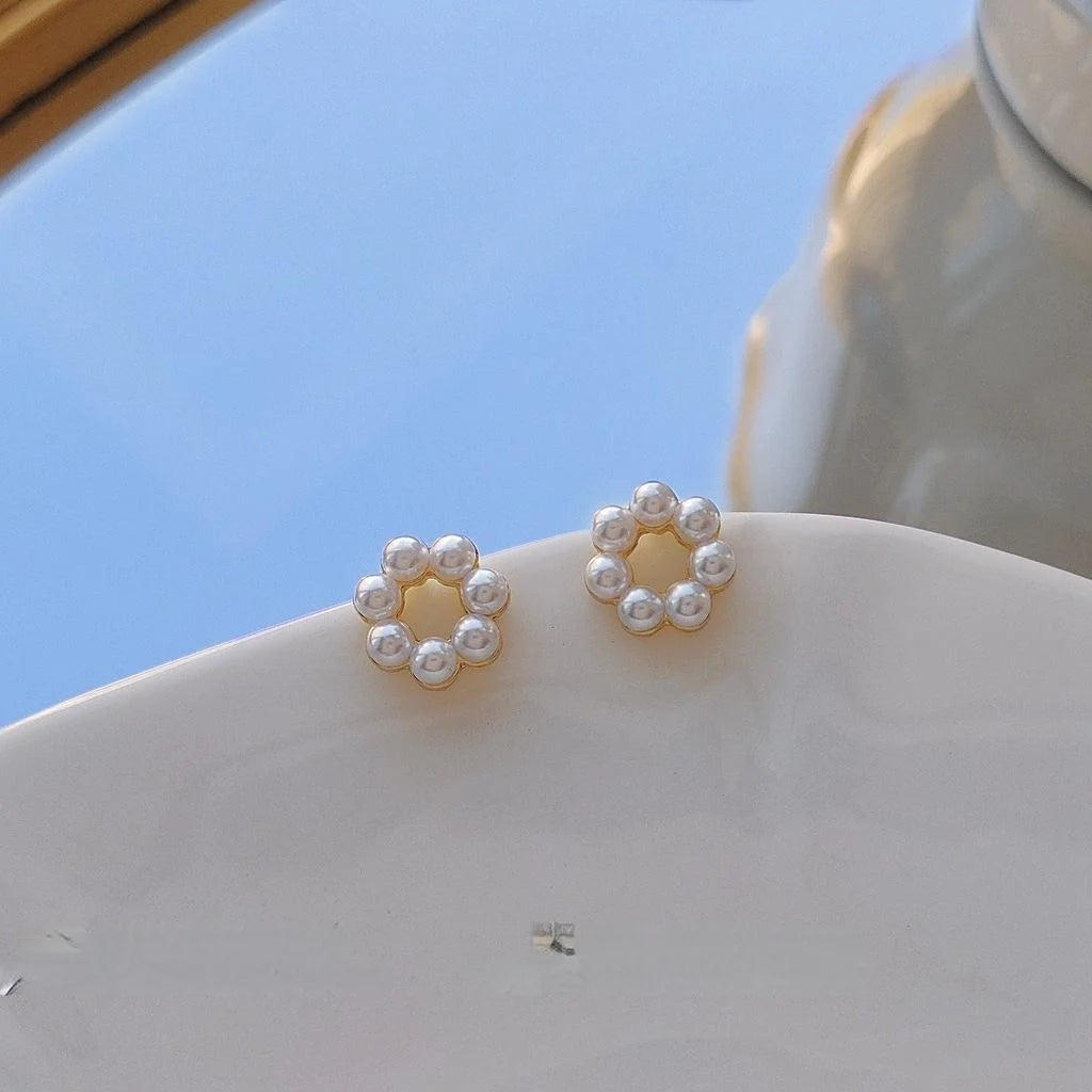 Mini Korean Japanese Round Hollow Pearl Stud Earrings, 14K Plated Copper Geometric Jewelry