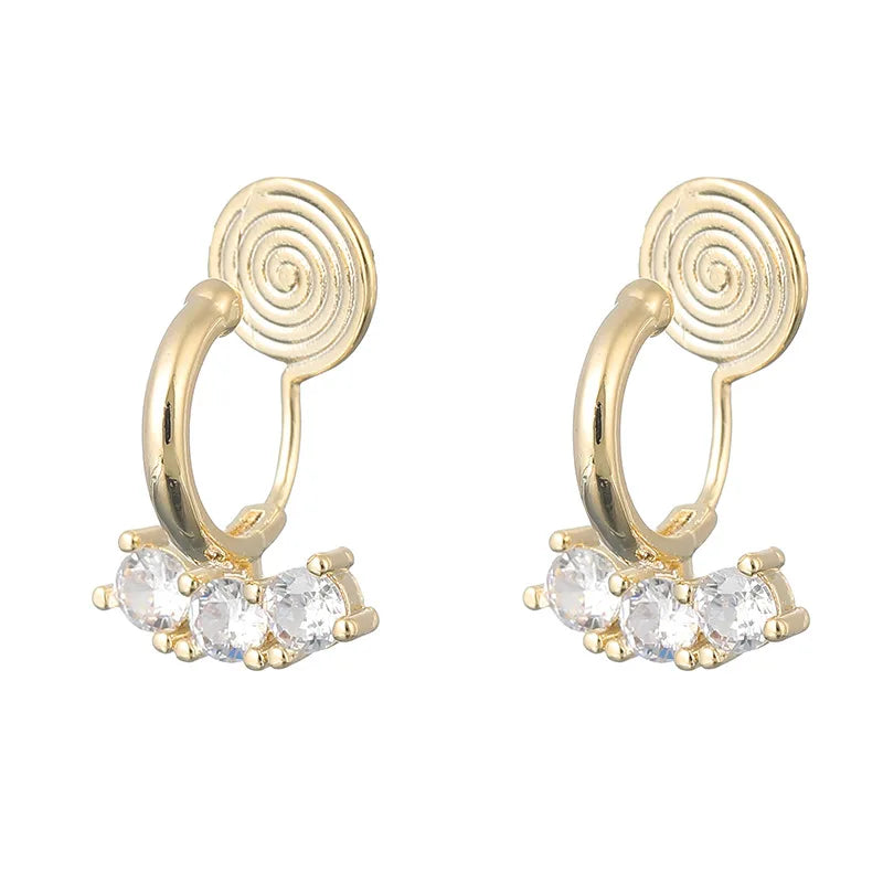 Elegant Gold Alloy Spiral Coil Hoop With Three Zircon Stones, Stud & Clip On No Piercing Earrings