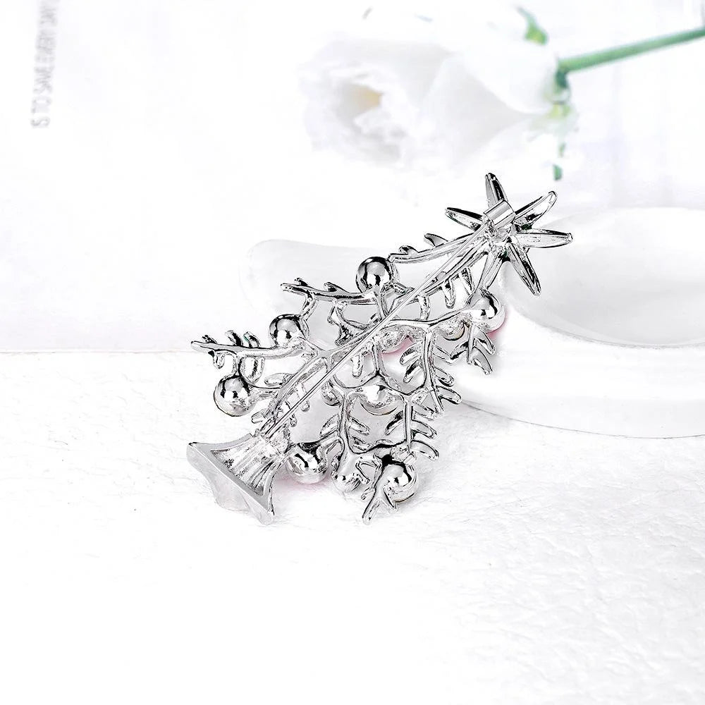 Elegant Christmas Tree Brooch With Red Green Rhinestones And Enamel Leaves, Alloy Lapel Pin Holiday Gift