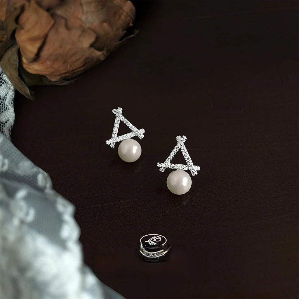 Elegant Geometric Glass Pearl Stud Earrings Copper Micro Pave Zircon Hollow Triangle Design
