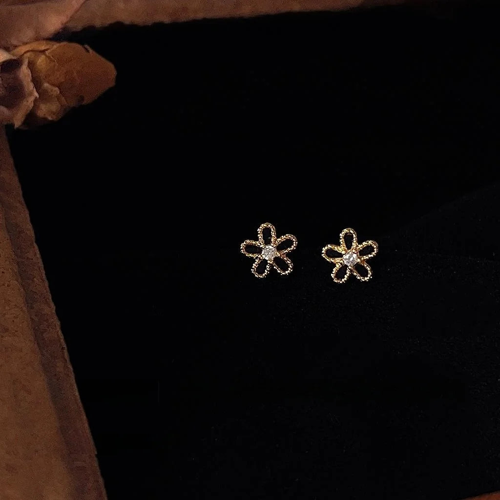 Mini Zircon Flower Stud Earrings 14K Gold Plated Copper Sweet Minimalist Jewelry