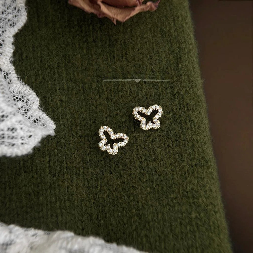 Mini Hollow Butterfly Stud Earrings Copper Zircon Light Luxury Minimalist Daily Jewelry